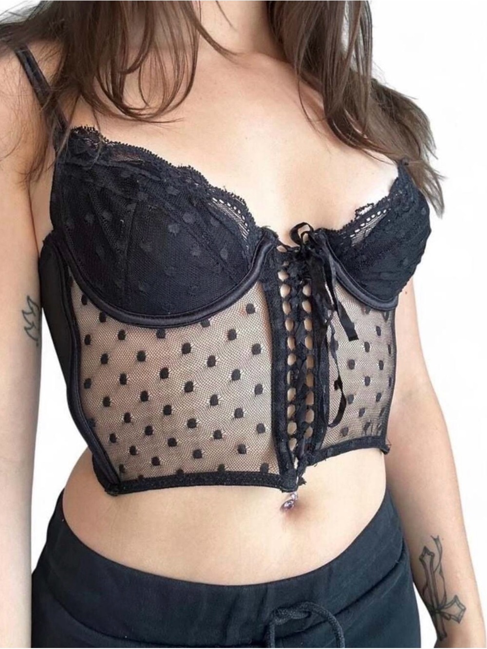 Vintage Fredericks of Hollywood Black Lace Sheer Corset Top Whimsigoth Y2K
